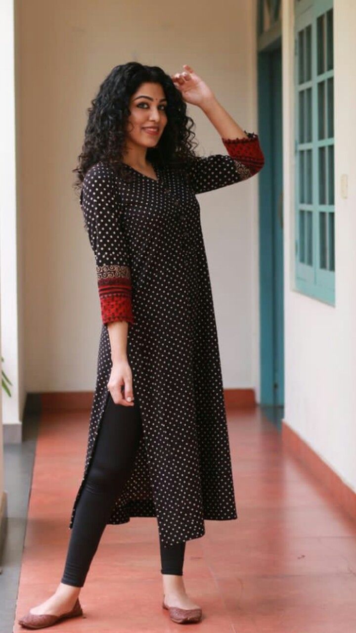 Polka dot Black Kurti Cotton Kurti Designs For Office Wear, Printed Black Kurti Design, Ajrakh Kurta Designs Women, Formal Kurtis For Women For Office, Ajrak Kurti Designs, Ajrakh Kurti Designs Latest, Ajrakh Kurta Designs, Latest Kurta Designs Women, Kurtis Neck Designs