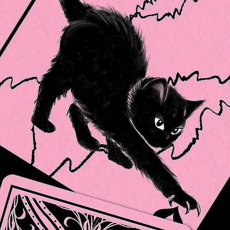 a black cat walking across a pink and black background with playing cards in the foreground