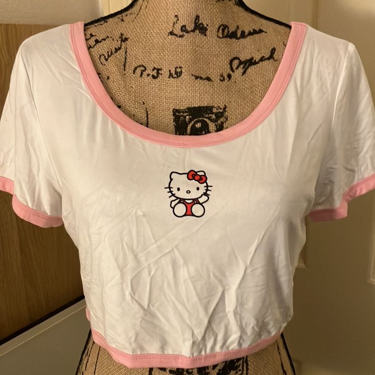 New With Tags Shein X Hello Kitty Crop Top In Size Xl Kawaii Hello Kitty Cotton T-shirt, Kawaii Hello Kitty T-shirt For Spring, Cute White Cotton Top, Hello Kitty Kawaii T-shirt For Spring, Spring Kawaii Hello Kitty T-shirt, Cute Stretch Cotton T-shirt, Cute Fitted White T-shirt, Hello Kitty Print Short Sleeve T-shirt For Summer, Hello Kitty Short Sleeve T-shirt For Spring