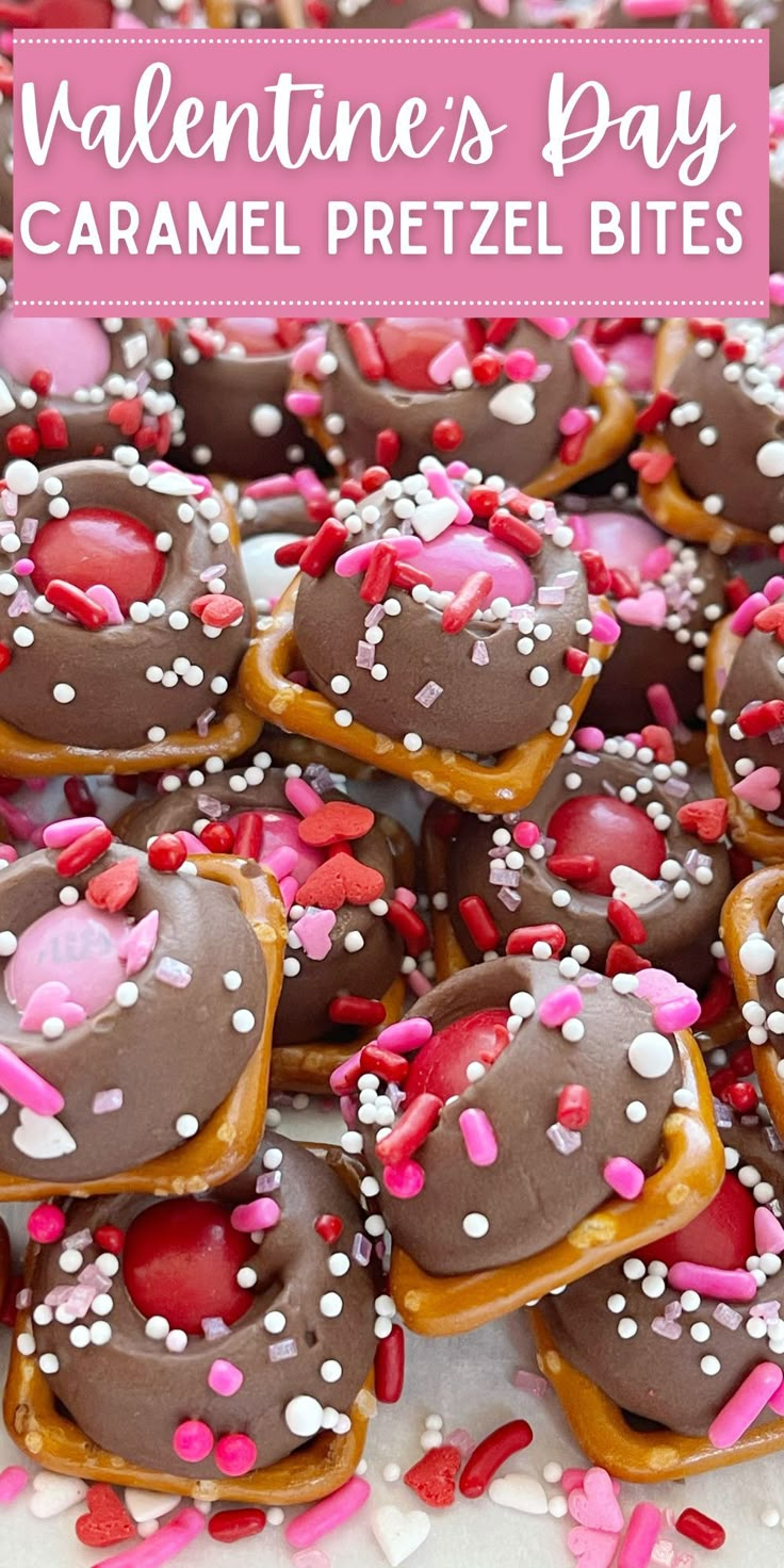 valentine's day caramel pretzel bites with sprinkles on top