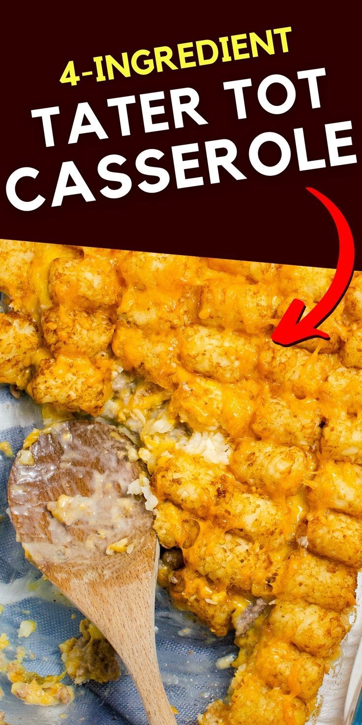 an image of tater tot casserole on a plate with a wooden spoon