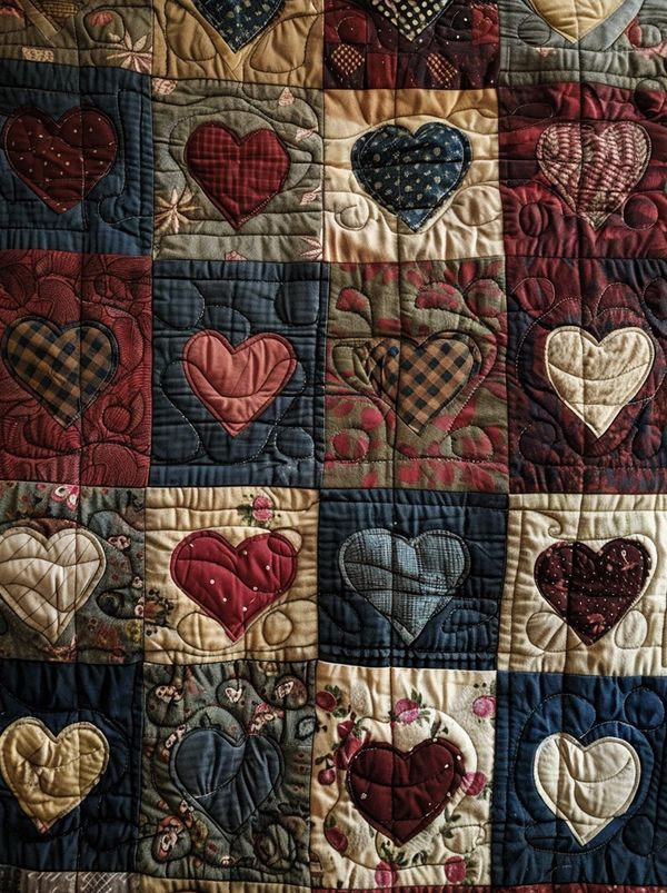 a quilted blanket with many hearts on the front and back, all in different colors