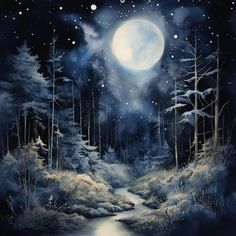 a painting of a forest at night with the moon in the sky