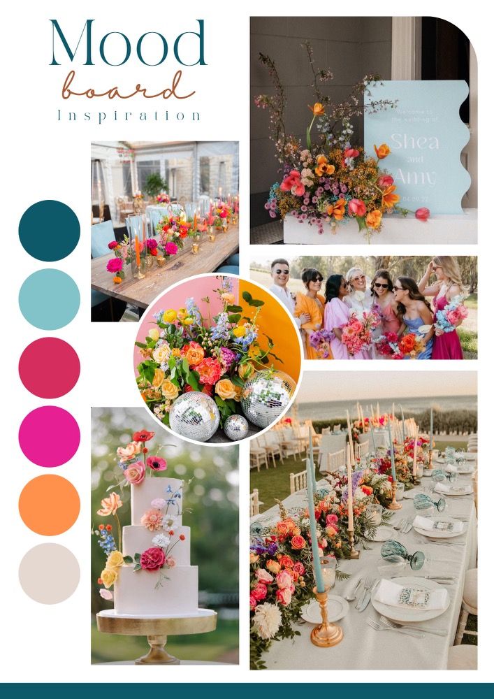 the mood board is full of colorful flowers and candles for an outdoor wedding reception in shades of teal, pink, orange, and yellow