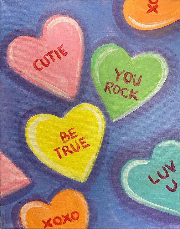 colorful hearts with the words cutie, you rock and be true written on them