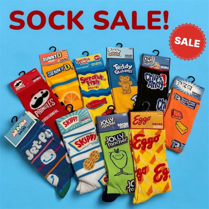 Sock Sale! Bundle And Save: 1 Pair- $8 2 Pair- $10 3 Pairs- $14 4 Pairs- $16 5 Pairs -$20 Buy 5, Get Any Additional Pairs For Only $3 Color: Multicolor Type: Bundle Character: Jolly Rancher, Chips Ahoy!, Teddy Grahams, Pringles, Sunnyd, Swedish Fish, Jet-Puffed, Skippy, Eggo Size: Regular Number Of Pieces: 11 Piece Pringle Socks, Pringles Original, Teddy Grahams, Sunny D, Swedish Fish, Chips Ahoy, Jolly Rancher, Socks For Sale, Red And White