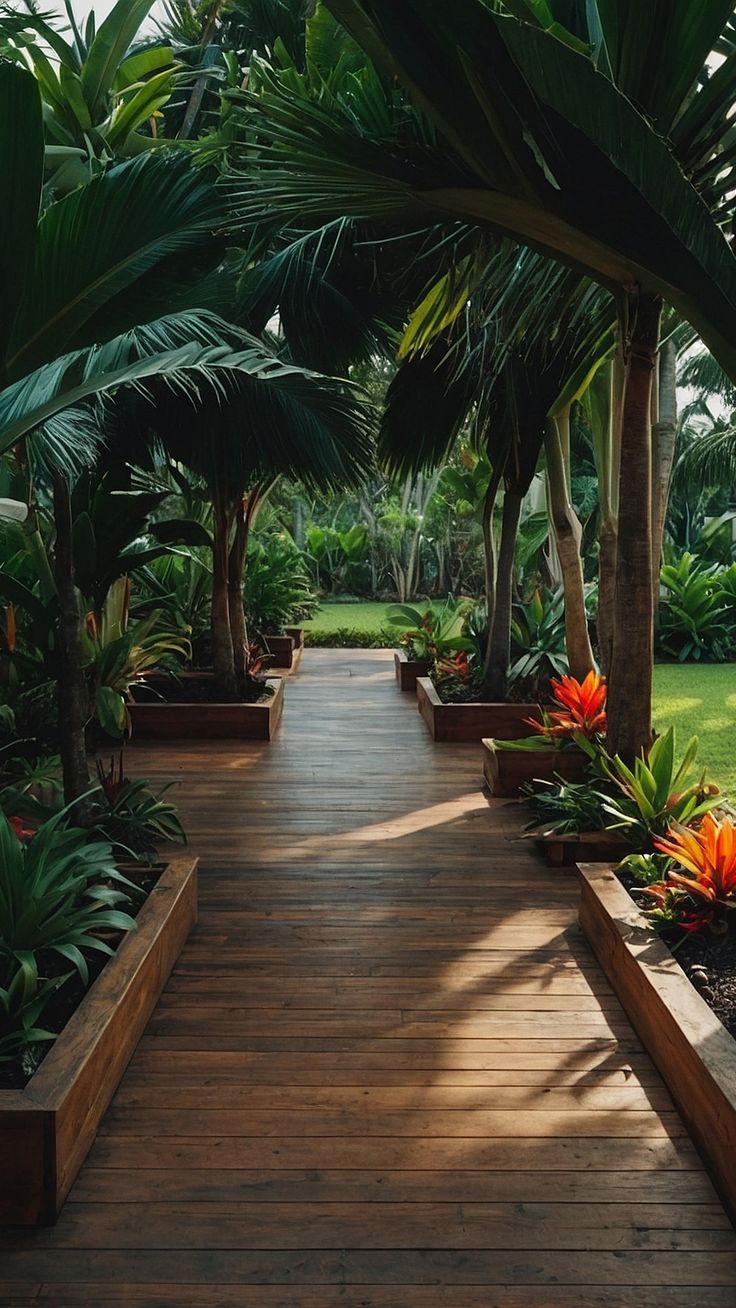 a wooden walkway surrounded by tropical plants and trees