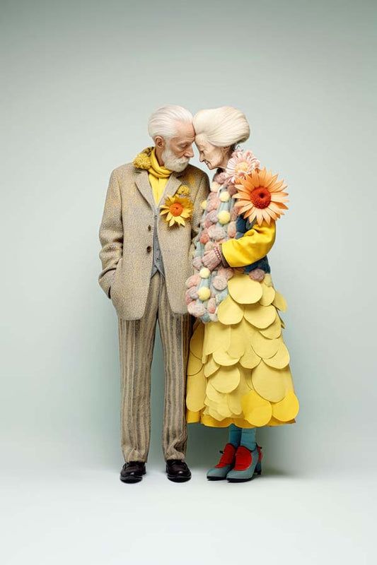 two people standing next to each other in front of a gray wall with sunflowers