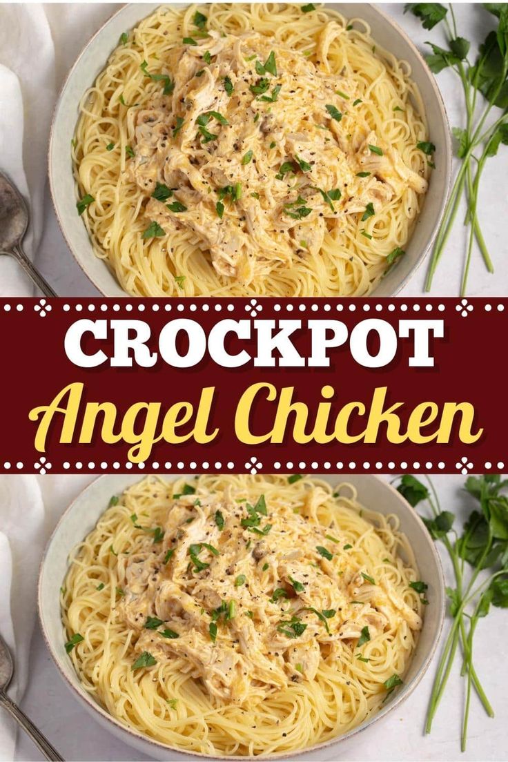 two bowls of crockpot angel chicken with parsley on top and the title above it