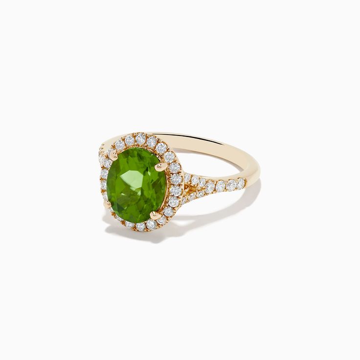 Effy 14K Yellow Gold Peridot and Diamond Ring Green Gemstone Halo Ring In 14k Gold, 14k Gold Green Gemstone Halo Ring, Yellow Gold Peridot Jewelry With Halo Setting, Gold Yellow, Diamond Ring, Gemstone Rings, Yellow Gold, Gemstones, Ring