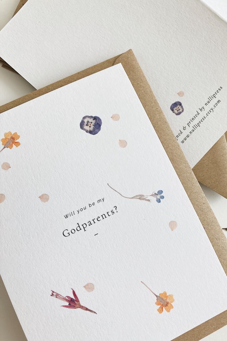 three cards with flowers on them and the words will you be my godparent?