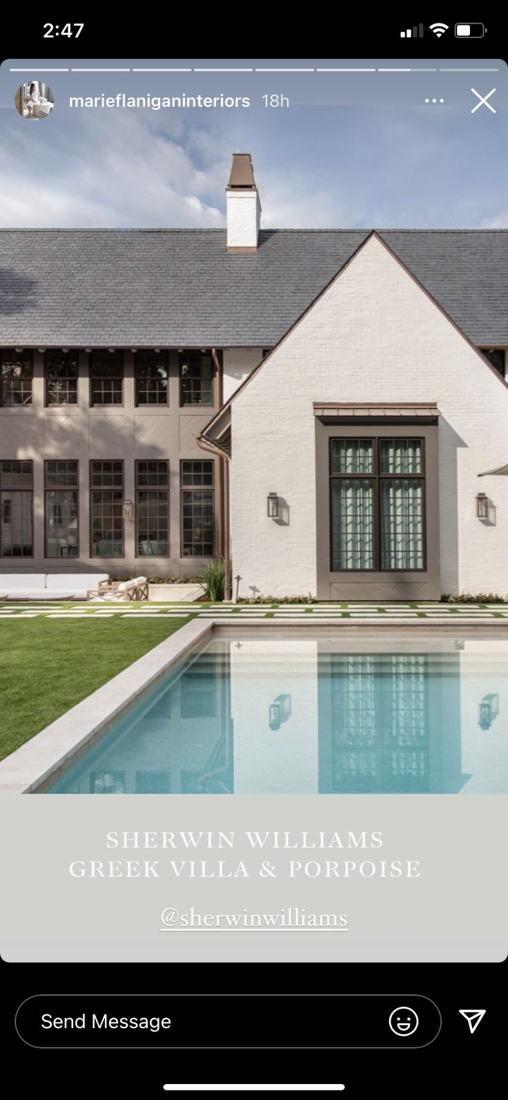 a house with a pool in front of it and the words, shervin williams's greek villa & tortoise