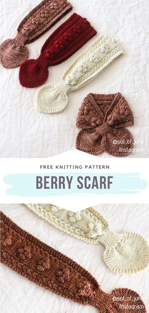 three different types of knitted headbands with text overlay that says free knitting pattern berry scarf