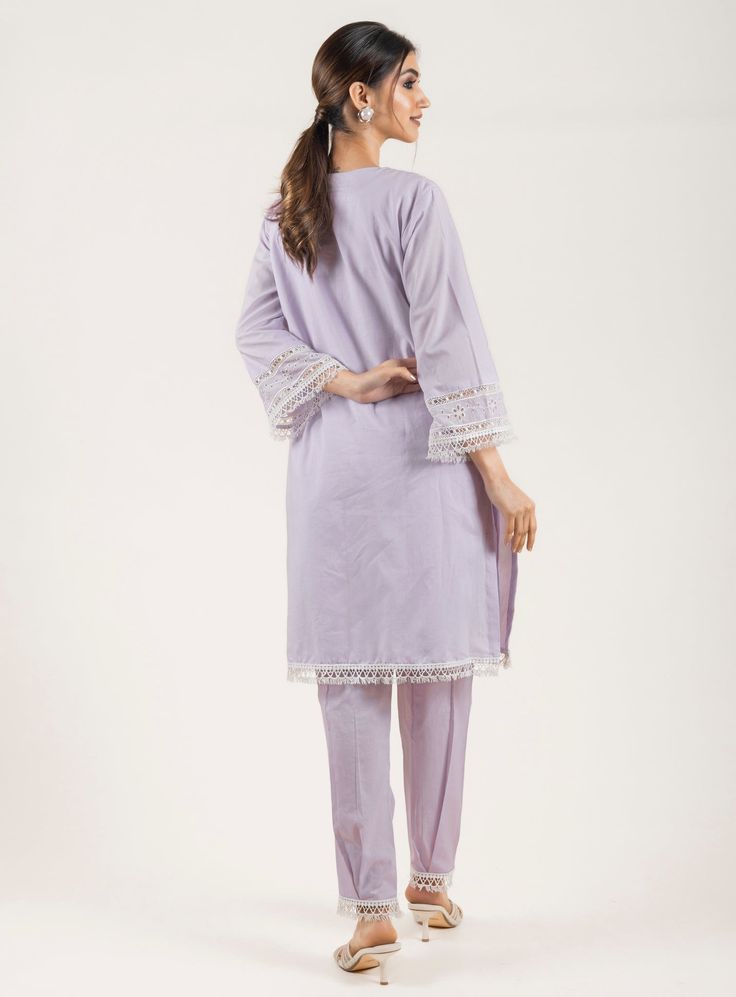 PRODUCT DETAIL: This embroidered lavender set comes laden with beautiful lace and cutwork. The subtle hues and breezy comfort fit, makes it a perfect outfit to adorn this summer. SPECIFICATIONS: Color LILAC Fabric Cotton Product Code RANG04 Traditional Spring Sets With Lace Trim, Traditional Lace Trim Set For Spring, Unstitched Lavender Sets For Eid, Festive Cotton Sets With Lace Trim, Lavender Salwar Kameez With Chikankari Embroidery, Spring Cotton Sets With Lace Trim, Fitted Lavender Embroidered Sets, Embroidered Fitted Lavender Sets, Cotton Sets With Lace Trim For Spring