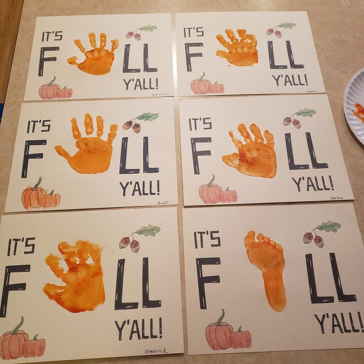 four handprints with words that say it's fall, it's y'all