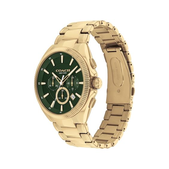 Combining discerning style with rugged functionality, this Jackson chronograph watch is made for life on the move. 45mm yellow gold-tone stainless steel case Features a green dial with a date window and three subdials marking seconds, minutes, and hours Quartz movement and mineral crystal Yellow gold-tone stainless steel bracelet secures with a push-button deployment closure Water-resistant to 99 feet Classic Chronograph Watch With Metal Dial For Outdoor, Gold Chronograph Watch With Round Dial For Outdoor, Gold Outdoor Watches With Analog Display, Gold Analog Display Watch For Outdoor, Gold Outdoor Watch With Analog Display, Gold Analog Display Watches For Outdoor, Timeless Green Chronograph Watch With Analog Display, Gold Chronograph Watch For Outdoor, Classic Green Chronograph Watch With Analog Display