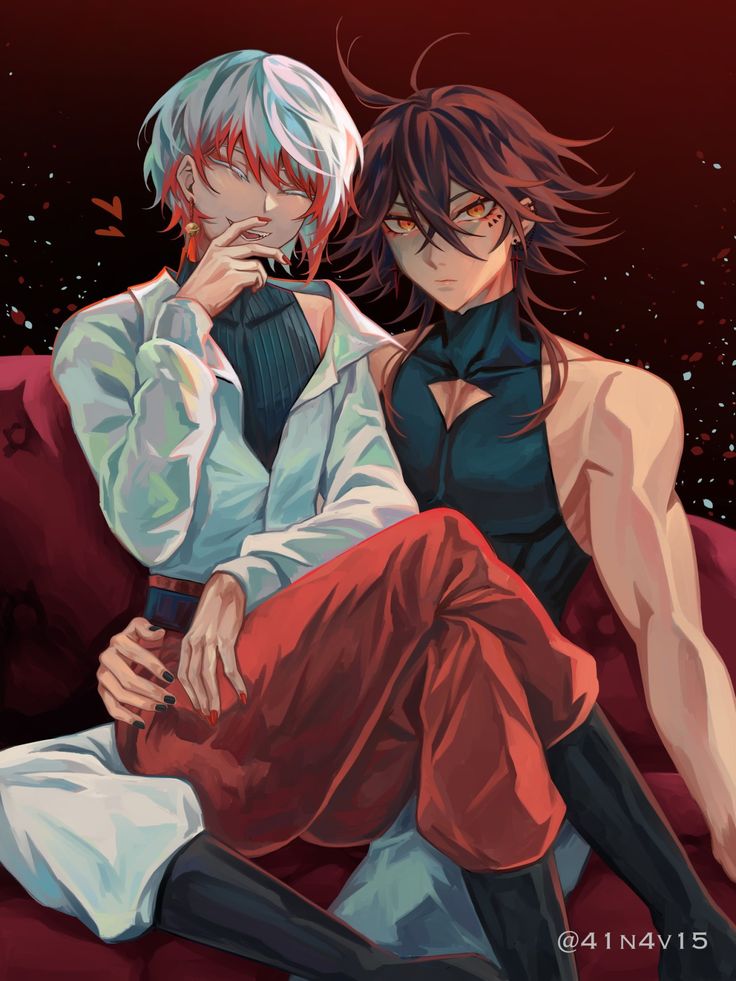 two anime characters sitting next to each other on a red couch with stars in the background