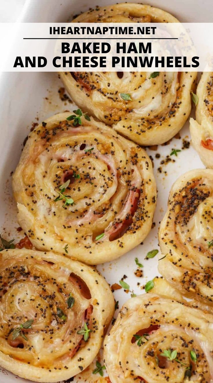 some food is in a white dish with the words heartna time net baked ham and cheese pinwheels