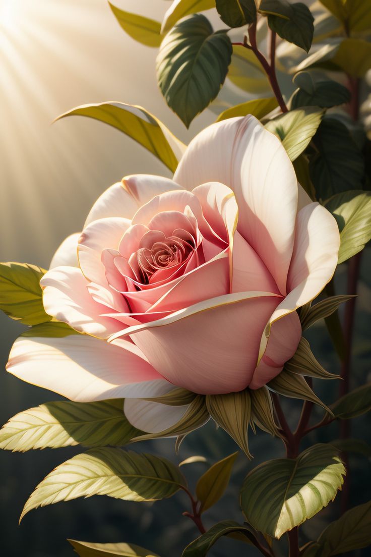 a pink rose with green leaves in the sunlight