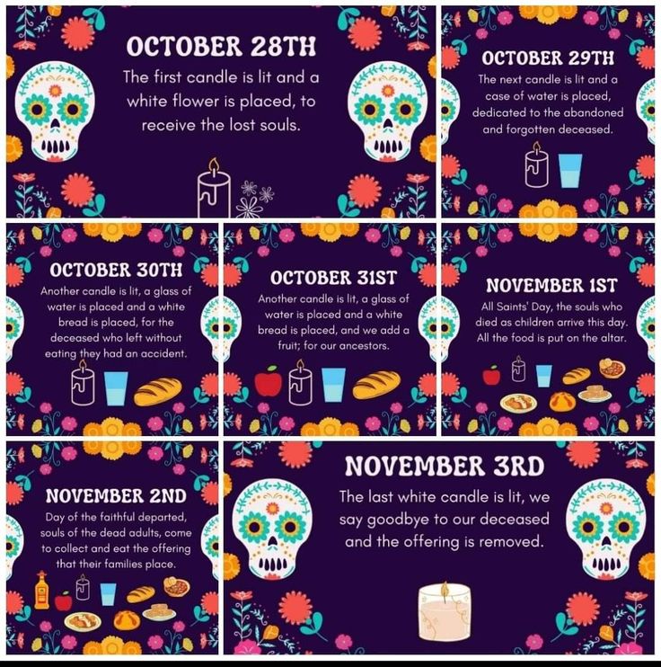 the day of the dead poster is shown in four different colors and sizes, with skulls on