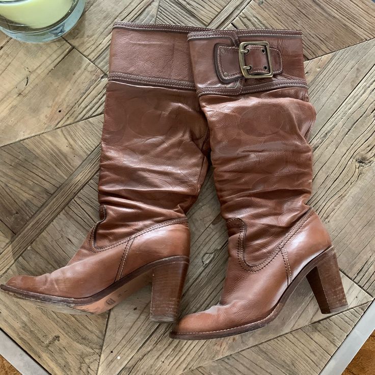 Women’s Leather Slouch Coach Boots, Size 6.5. Definitely Wore These A Ton, They Are Super Comfortable. Paid $600 Many Years Ago Brand New. Asking $75 Coach Boots Medium Width For Fall, Coach Boots For Fall In Medium Width, Casual Leather Heeled Boots With Buckle, Casual Leather Heeled Boots With Buckle Closure, Casual Brown Coach Boots, Coach Leather Boots For Fall, Coach Leather Boots For Formal Occasions, Coach Formal Boots For Fall, Coach Fall Formal Boots