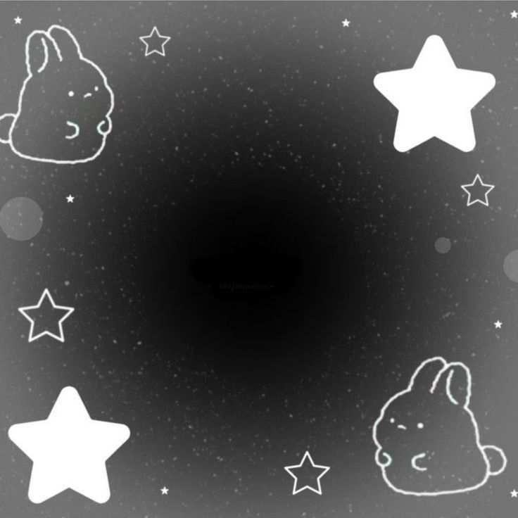 a black and white photo with stars, rabbits and other things in the dark sky