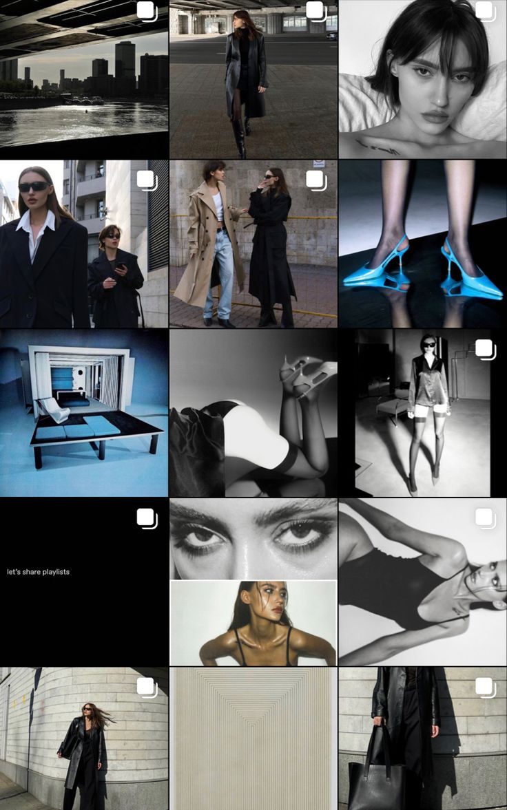 the collage shows many different images in black and white, including women's shoes