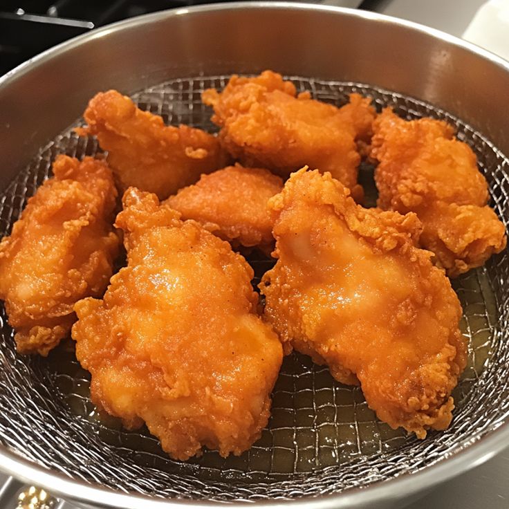 fried chicken in a frying pan on top of an oven burner, ready to be cooked