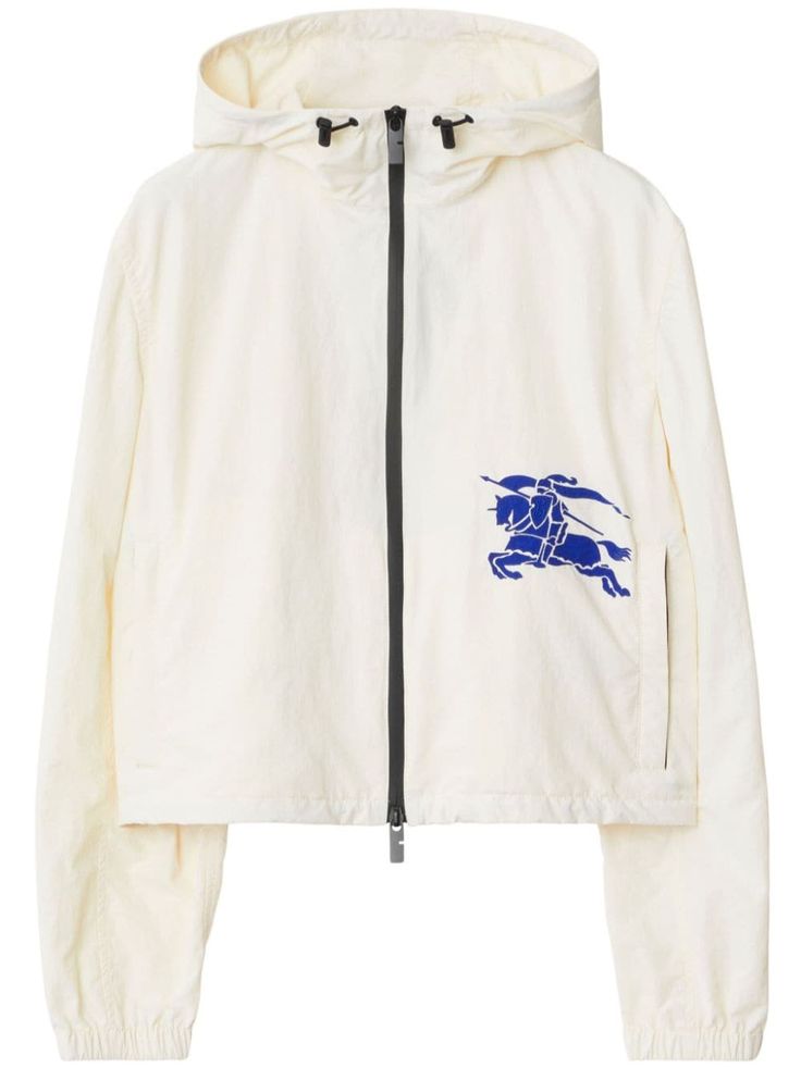 white signature Equestrian Knight motif drawstring hood long sleeves elasticated cuffs front two-way zip fastening two side zip-fastening pockets cropped Sporty Hoodie, Women's Equestrian, Knight Design, Casual Dress Shoes, Burberry Women, Embroidered Jacket, Burberry Men, Womens Clothing Sizes, Crop Jacket