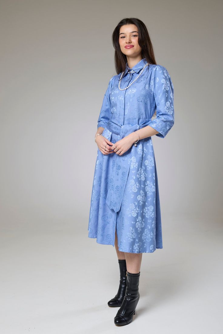 Sky Blue Petals Sleeved Shirt Dress  Embrace the charm of spring with this sky blue floral dress, blending timeless elegance with delicate petal patterns. Featuring long sleeves and a classic shirt collar, this versatile piece transitions effortlessly from day to night. The tailored fit flatters your figure, while the button-front closure adds ease and style.   Perfect for daytime outings or evening gatherings, pair this sky blue shirt dress with sandals for a breezy look or heels for a polished Spring A-line Silk Dress For Daywear, Silk Shirt Dress For Spring, Elegant Blue A-line Shirt Dress, Spring Semi-formal A-line Dress, Semi-formal Spring A-line Dress, Semi-formal A-line Spring Dress, Fitted Silk Dress For Spring Daywear, Spring Silk Formal Dress, Elegant Spring Silk Workwear Dress