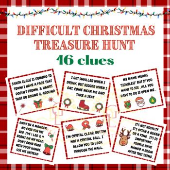 christmas themed printables with the words difficult christmas treasure hunt