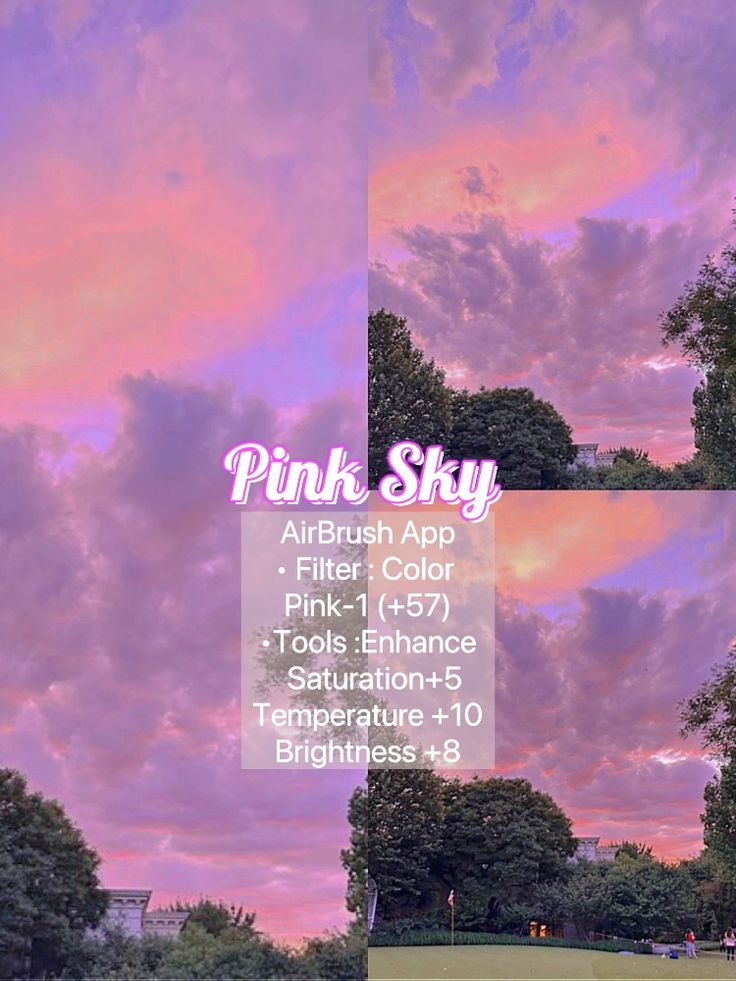 pink sky with clouds and trees in the foreground, overlaided by text