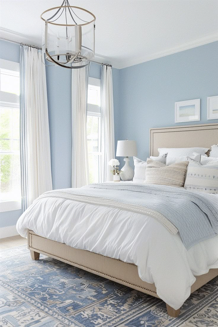 a bedroom with blue walls and white bedding in the center is an ornate chandelier