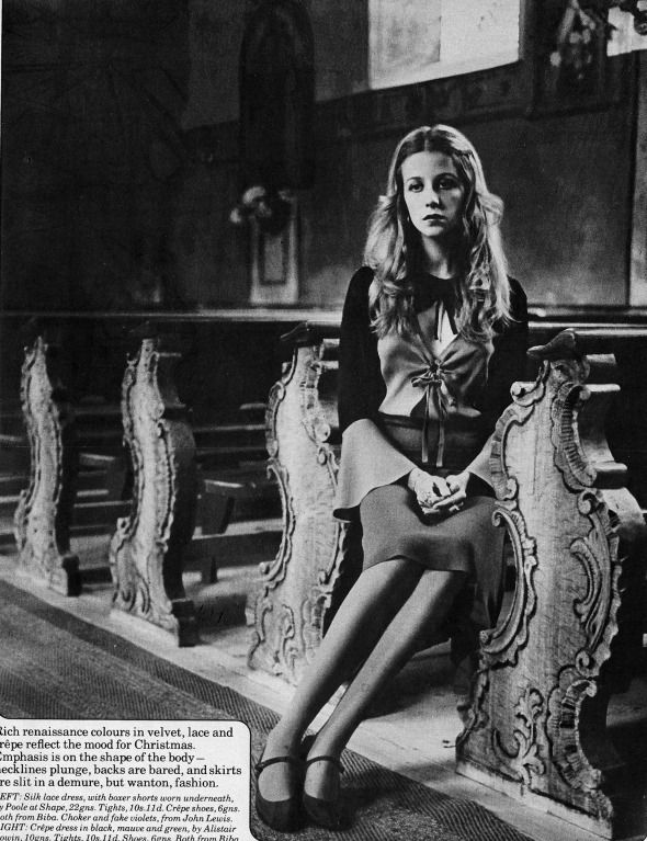 an old photo of a woman sitting on a bench in front of a church pew