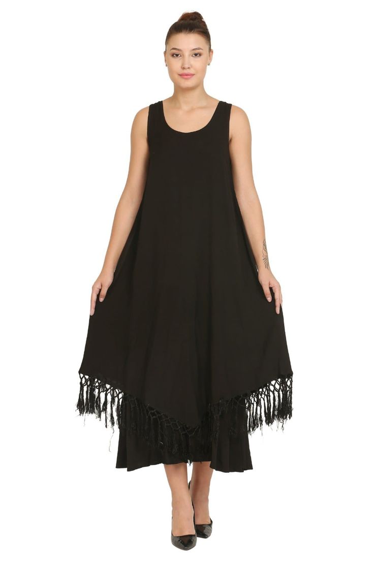 15222 – Advance Apparels Inc Spring Maxi Dress With Fringe, Bohemian Cotton Dress With Frayed Hem, Bohemian Sleeveless Dress For Layering, Bohemian Dresses For Fall Layering, Spring Black Maxi Dress With Fringe, Black Fringe Maxi Dress For Spring, Black Maxi Dress With Fringe For Spring, Sleeveless Dresses With Frayed Hem, Sleeveless Fringe Maxi Dress