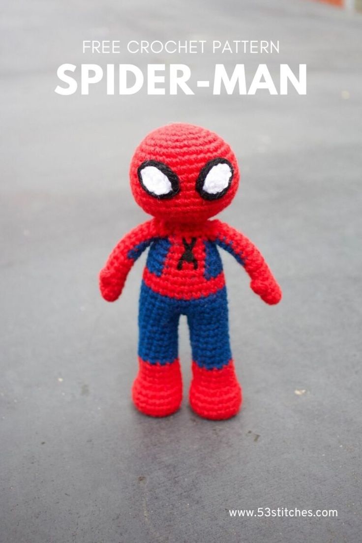 a crocheted spider - man doll with the words free crochet pattern on it