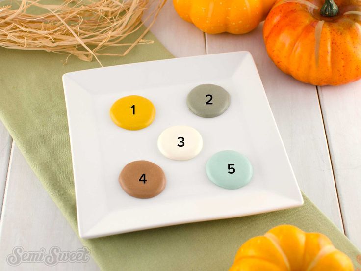 a white plate topped with four different colored candies next to pumpkins and hay