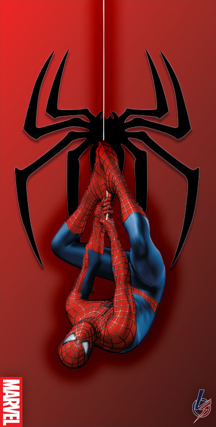 a spider man hanging upside down in front of a red background