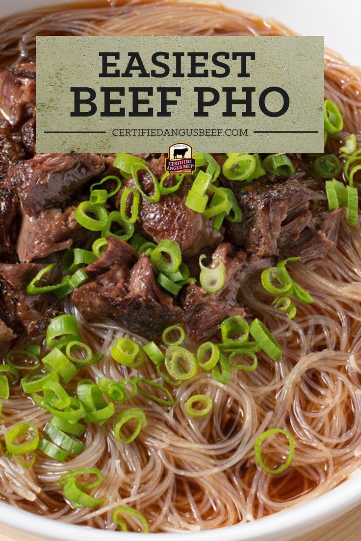 beef and noodles with green onions in a white bowl