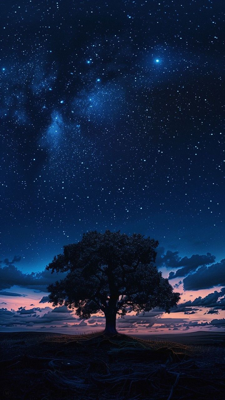 the night sky is filled with stars above a tree