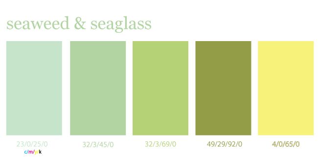 the color scheme for seaweed and seaglass is shown in shades of green, yellow,