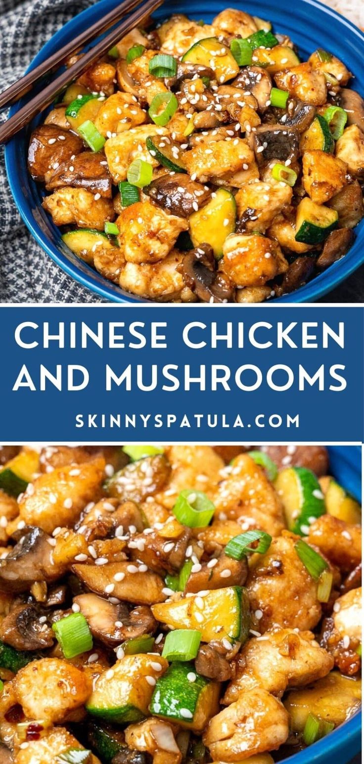 chinese chicken and mushrooms in a blue bowl with chopsticks