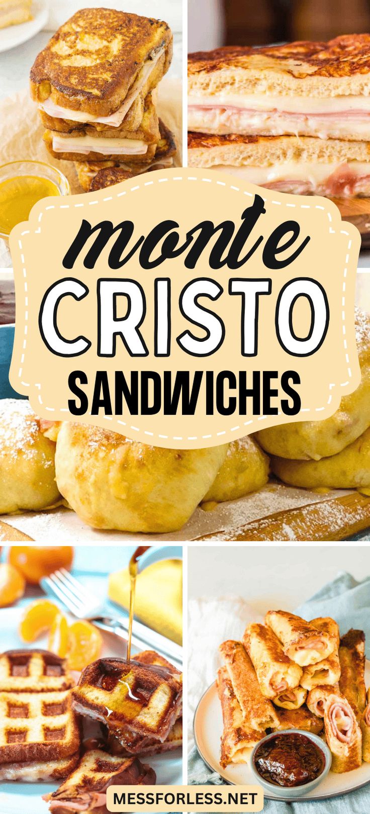 some cristoo sandwiches with syrup on them and the words, monte cristo sandwich sandwiches