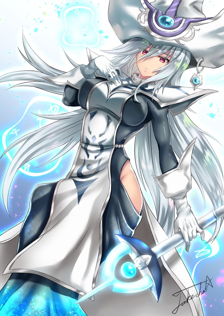 Safebooru - 1girl blue eyes breasts duel monster elbow gloves gloves hat highres hip vent large breasts long hair looking at viewer red eyes silent magician silver hair solo staff takecha wizard hat yu-gi-oh! yuu-gi-ou yuu-gi-ou duel monsters | 2832424 Silent Magician, Yugioh Dragon Cards, Yugioh Dragons, Yugioh Yami, Yugioh Monsters, Yugioh Cards, Gundam Art, Yu Gi Oh, Disney Marvel