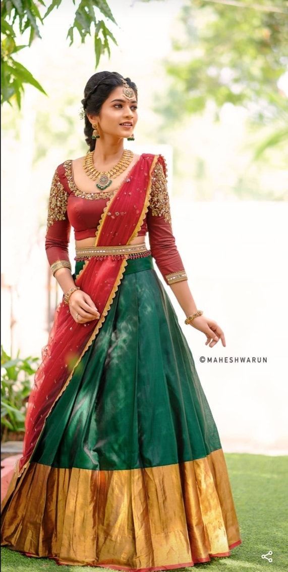 Half Saree Red And Green, Green Lehanga Models, Green Pattu Lehenga Half Saree, Green Pattu Half Saree, Green Pattu Lehenga, Half Saree Lehenga Color Combinations, Maroon Half Saree, Green Combination Saree, Pattu Lehenga Half Saree