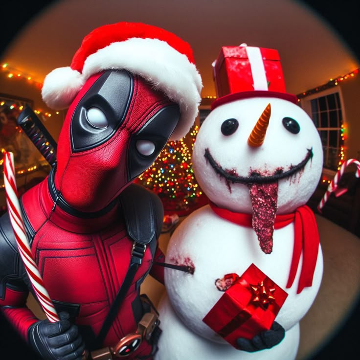 two snowmen dressed as deadpools are posed in front of a christmas tree