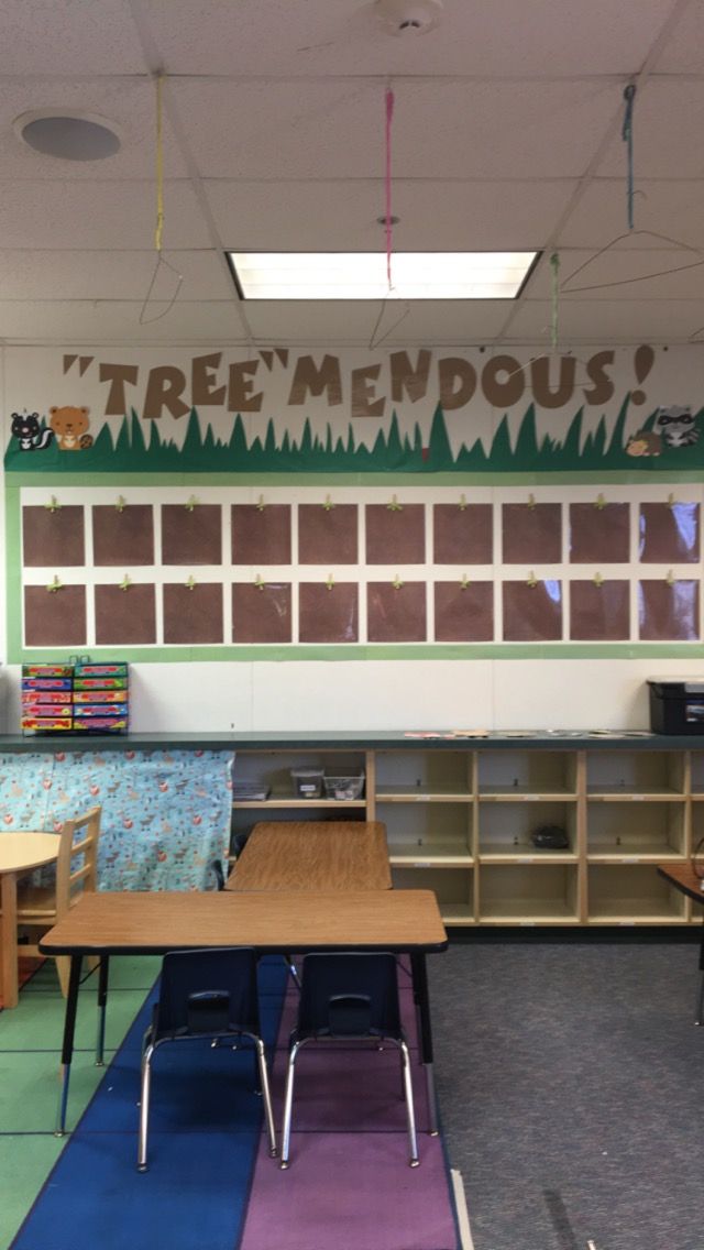 an empty classroom with tables and chairs in front of the chalkboard that says tree mendous