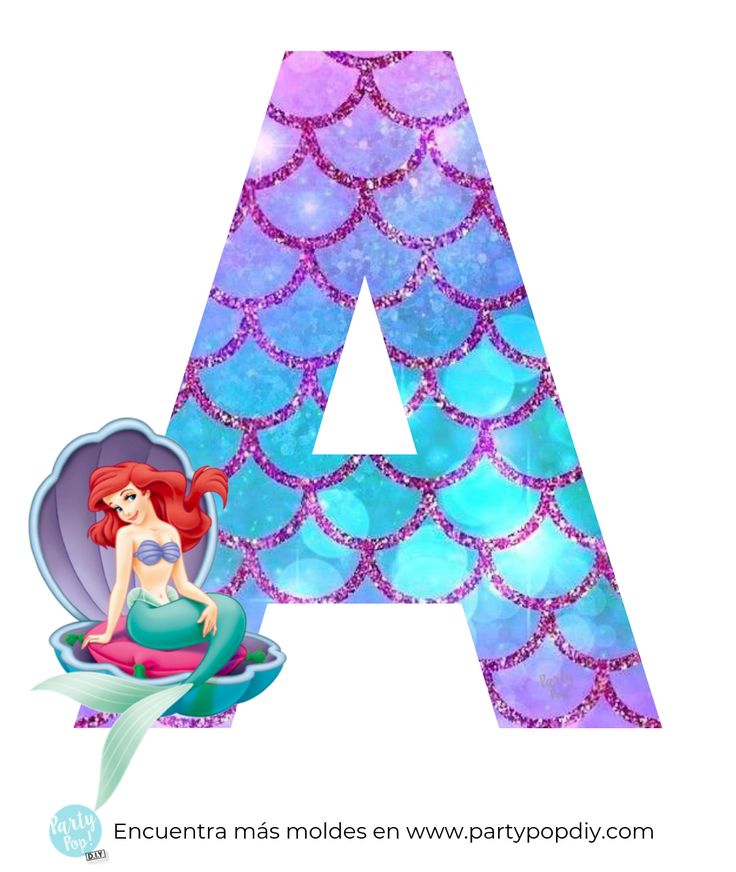 the letter a is made up of mermaids and bubbles, with an image of ariel