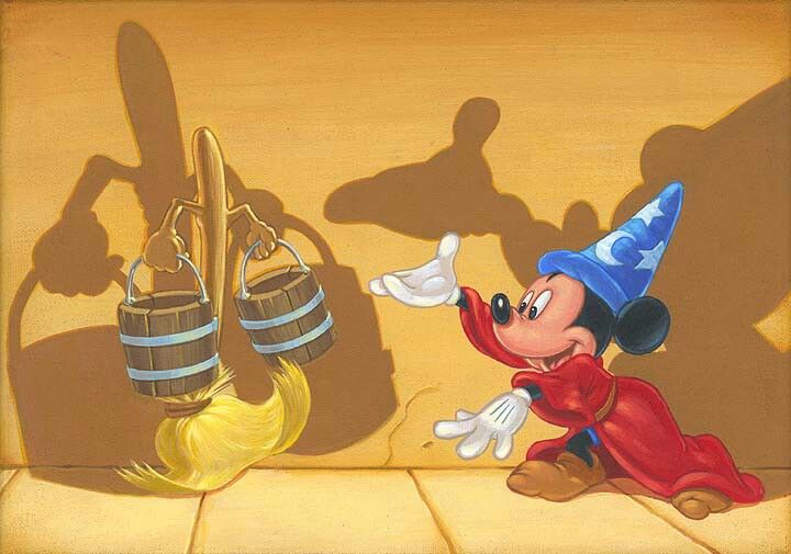 a painting of mickey mouse and his shadow on the ground with beer kegs in front of him