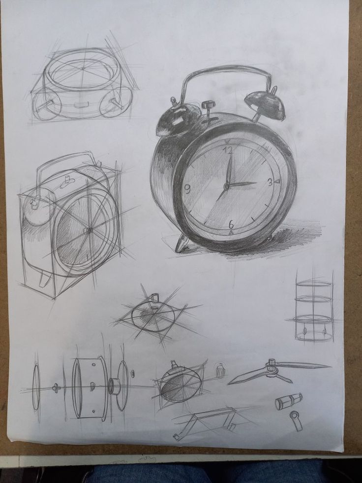 a drawing of an alarm clock and some other things to draw in pencil on paper